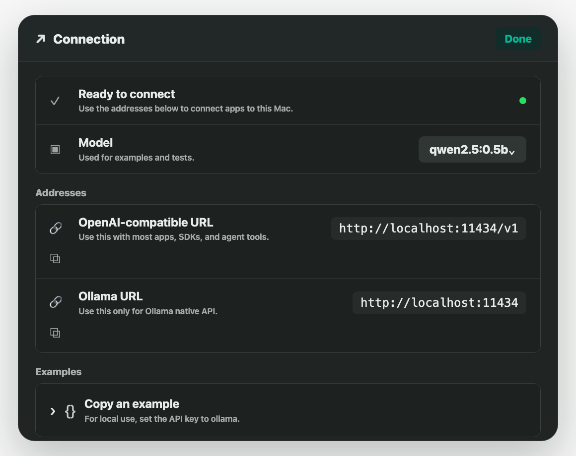 ModelChanges connection panel showing local endpoint addresses and a model test box