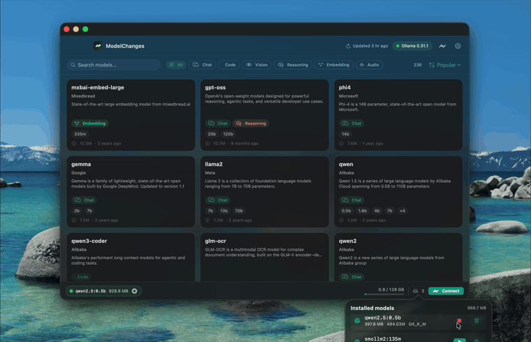 ModelChanges model browser and local connection panel demo
